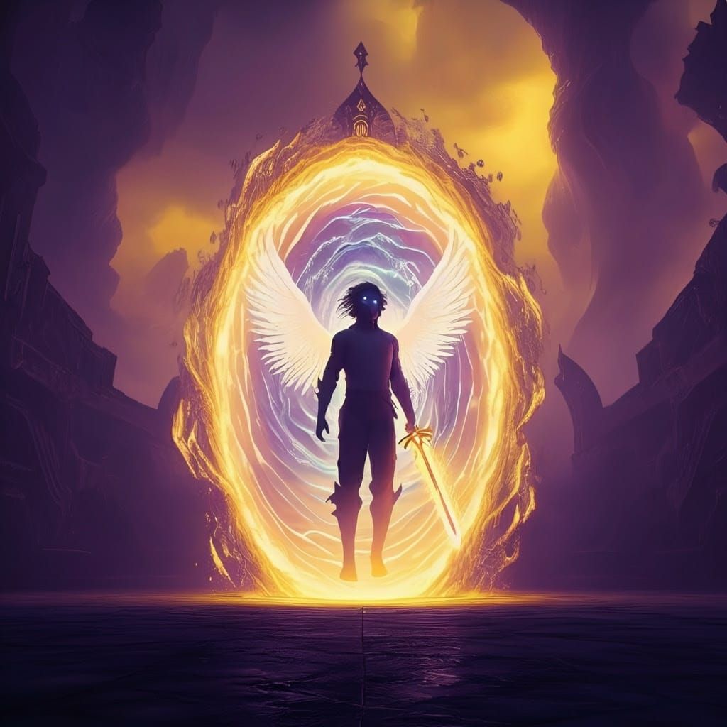 Gravity Warrior with Enchanted Sword Stepping Through Portal