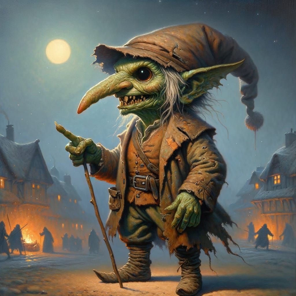 Whimsical Goblin in Medieval Village Oil Painting