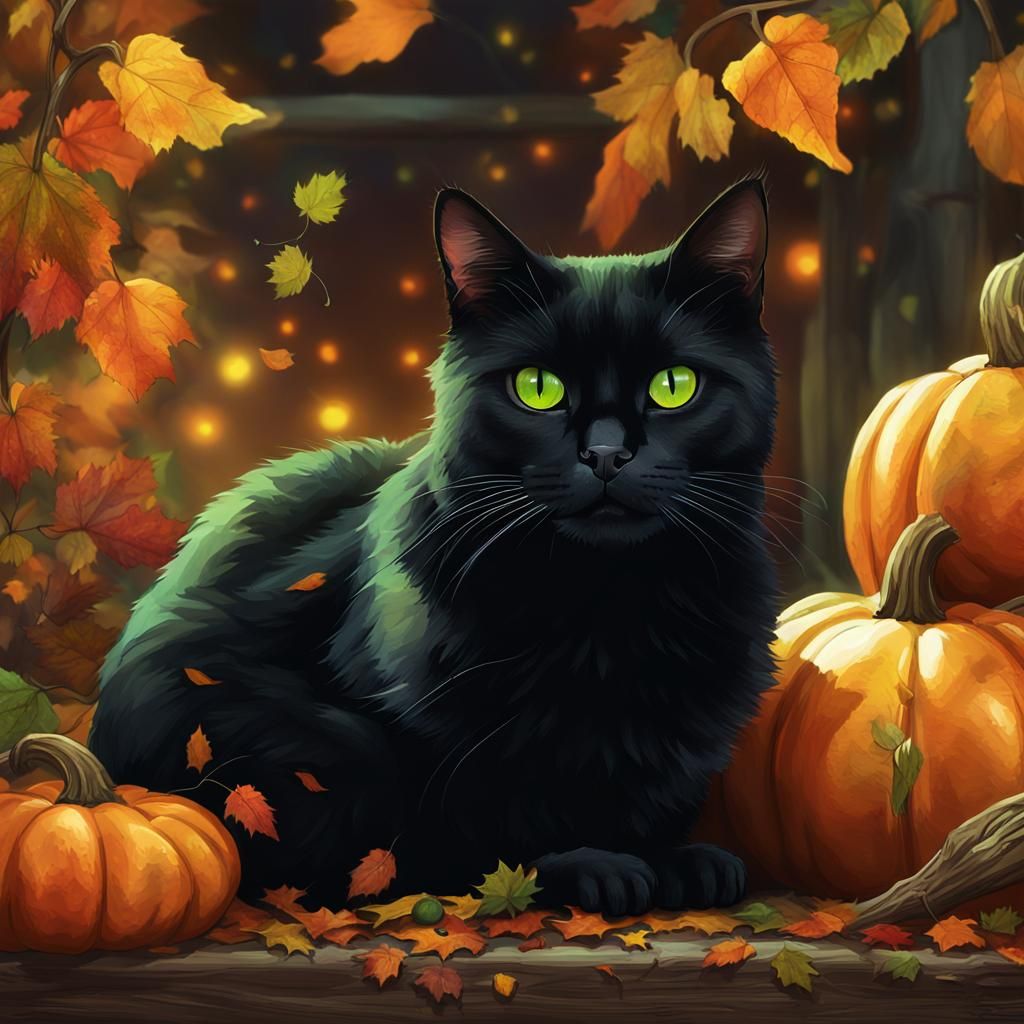 Cute Black Cat in Cozy Autumn Pumpkin Patch