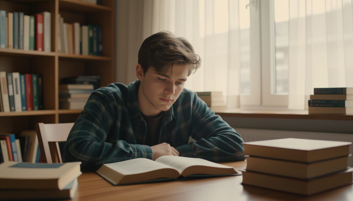 Student Procrastinating at Desk: Cinematic Film Still