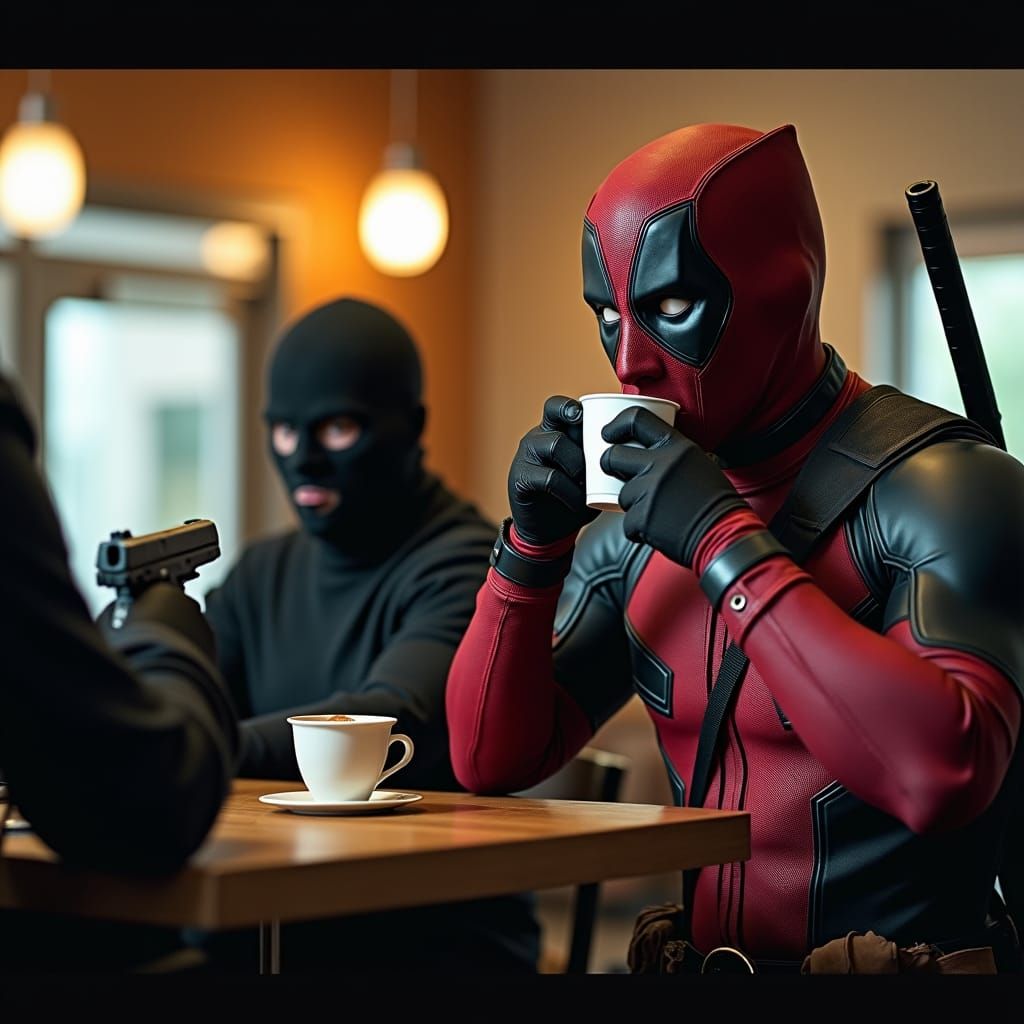 Deadpool Sips Coffee, Aims Pistol: Cinematic Film Still