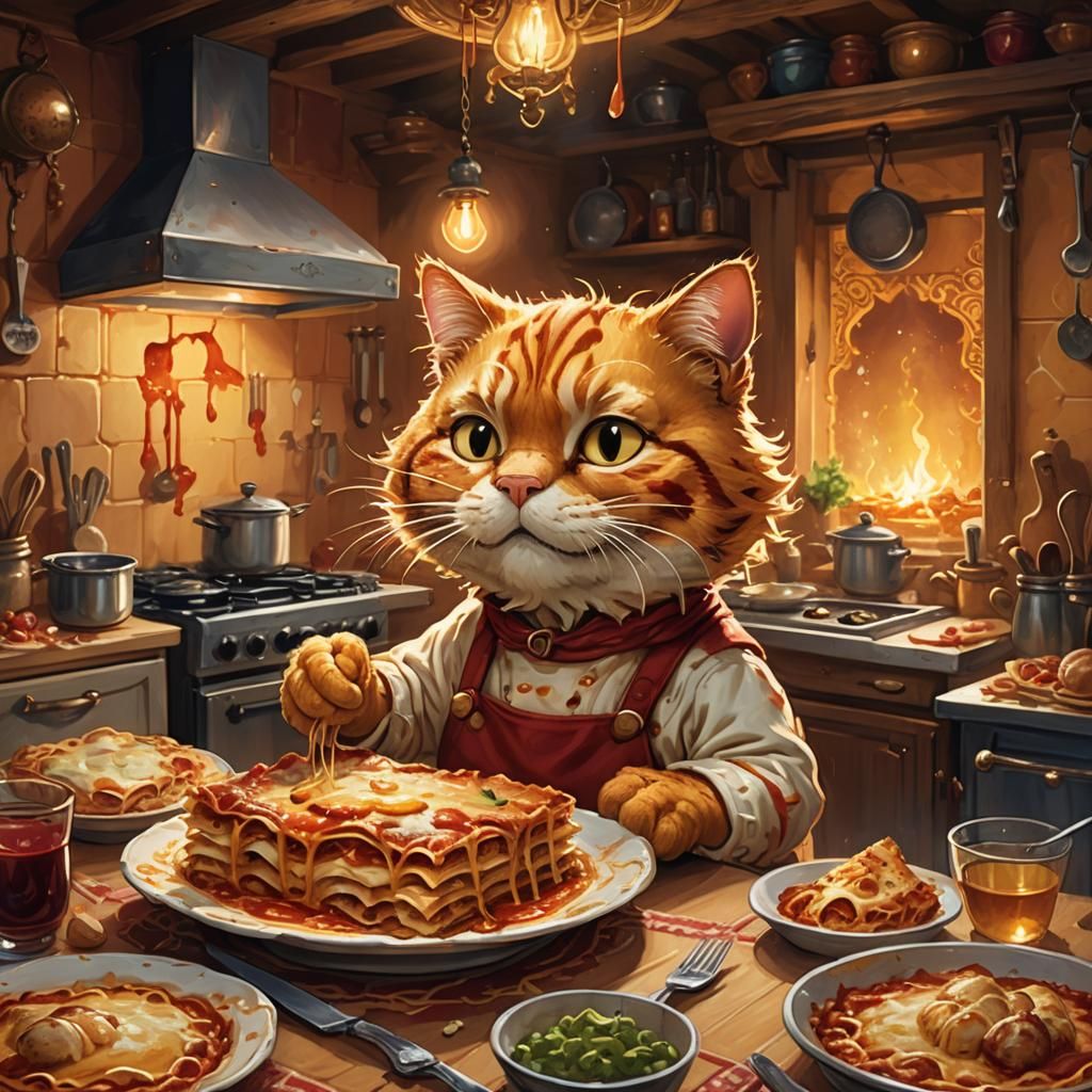 Garfield Eats Lasagna: Vibrant Fantasy Concept Art