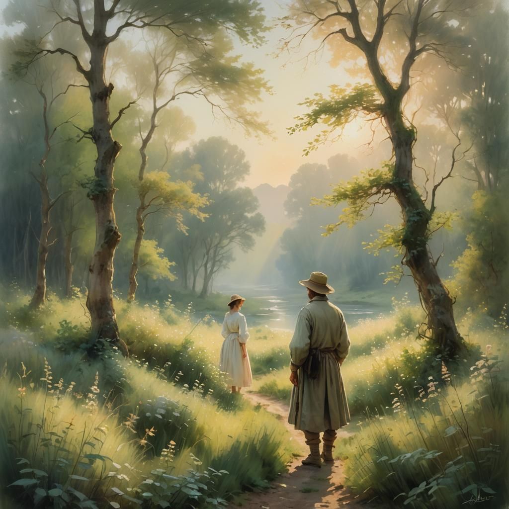 Impressionistic Figure in Warm Lit Wilderness