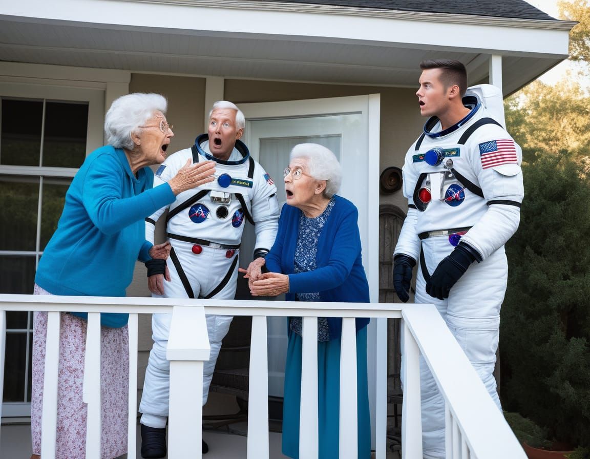 Surprised Grandma Meets Astronauts on Porch