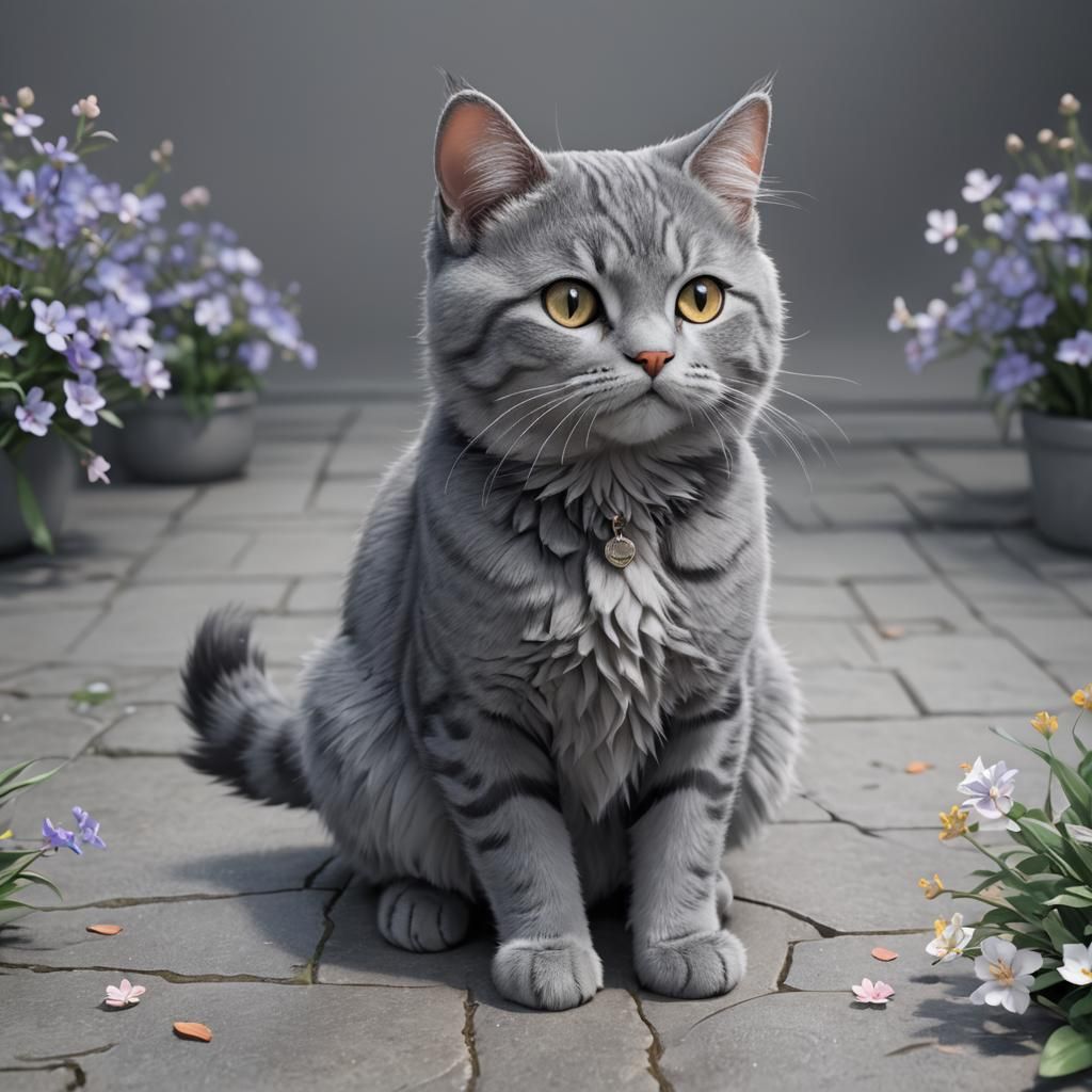 Cute Grey Cat in 3D Anime Art Style