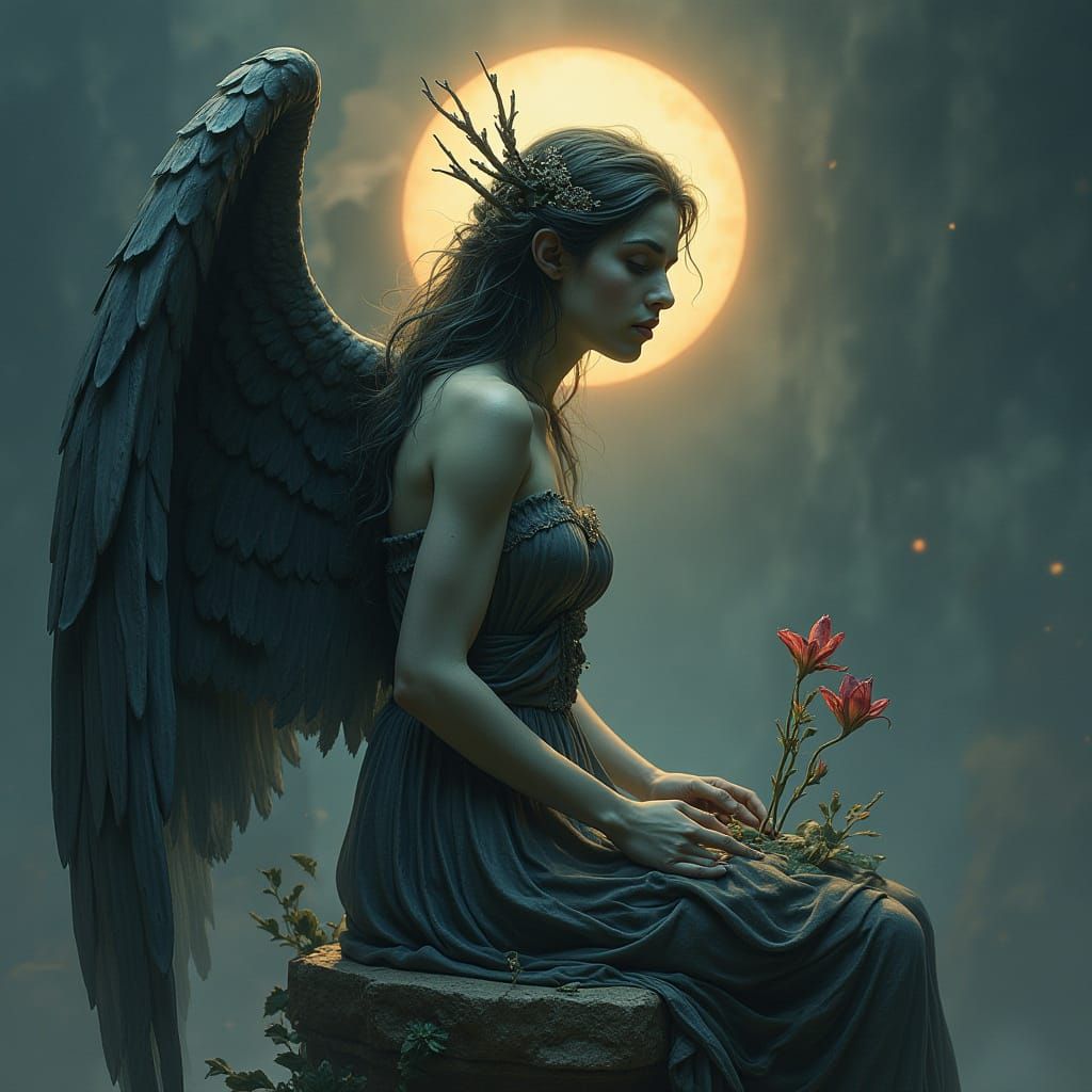 Majestic Angel Goddess Contemplates Mortality in Golden Glow