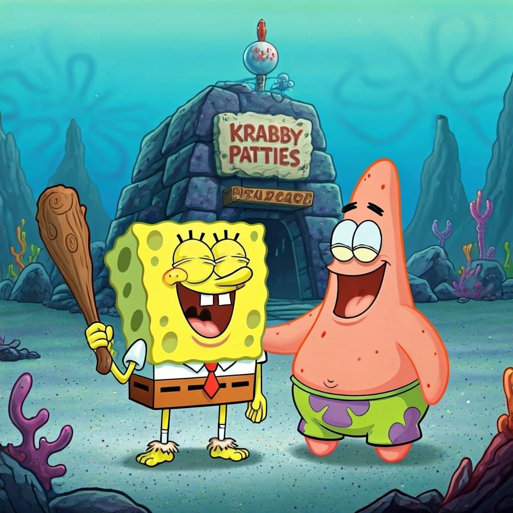 Cave Friends Enjoying a Prehistoric Krabby Patty