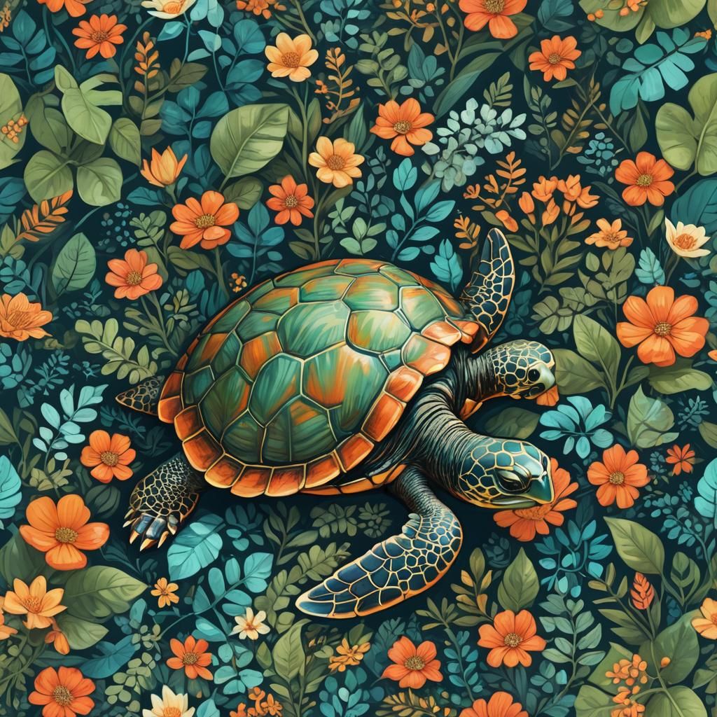Laughing Turtle in Lush Fantasy Garden