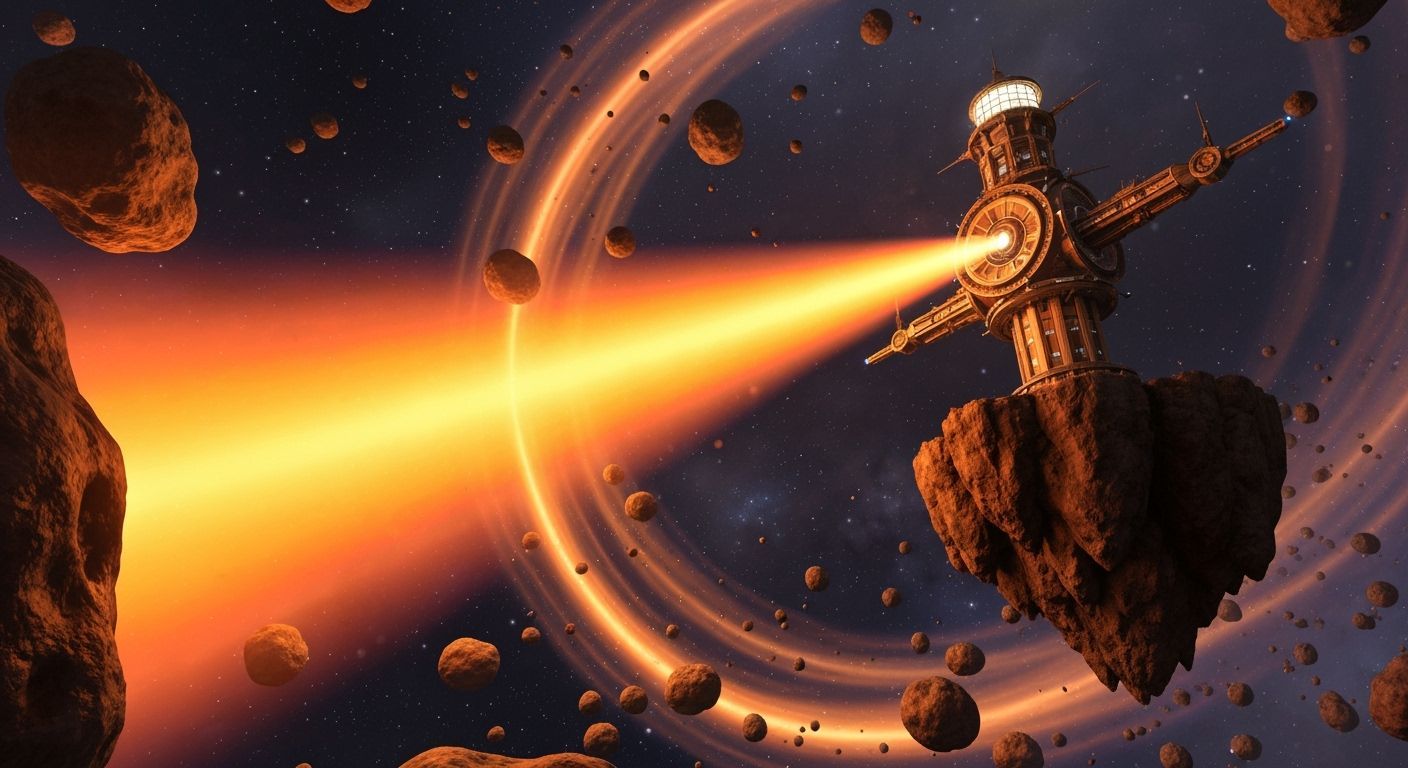Lighthouse Beacon Illuminates Asteroid Field: Sci-Fi Scene