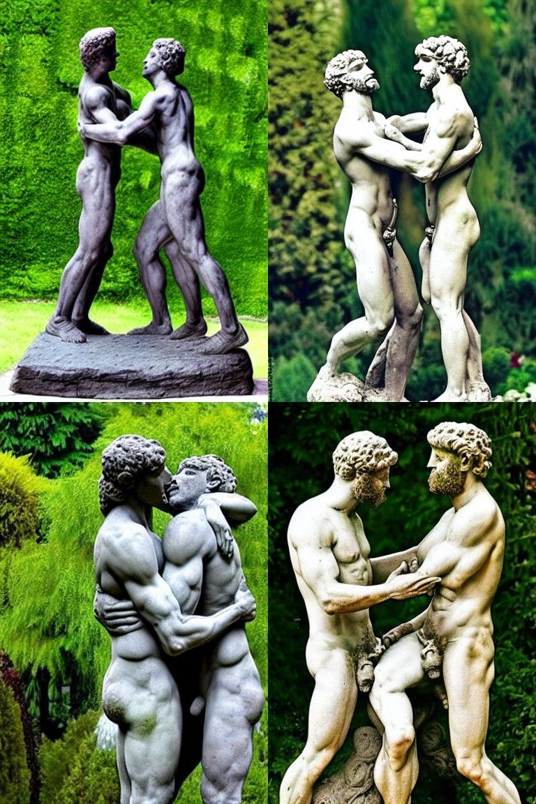 Passionate Embrace: Ancient Statues in Magical Garden