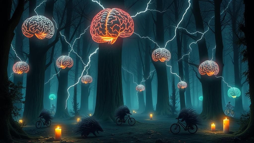 Ethereal Brain Forest with Porcupines in Surreal Style