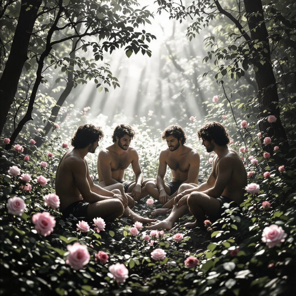 Gay Men in Sun-Dappled Forest Clearing