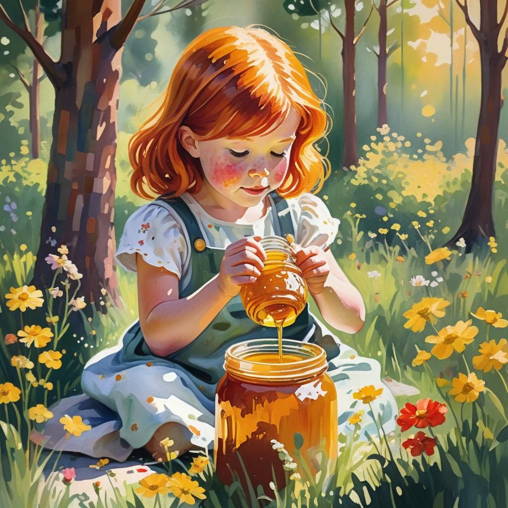 Girl in Honey Jar: Impressionist Gouache Painting
