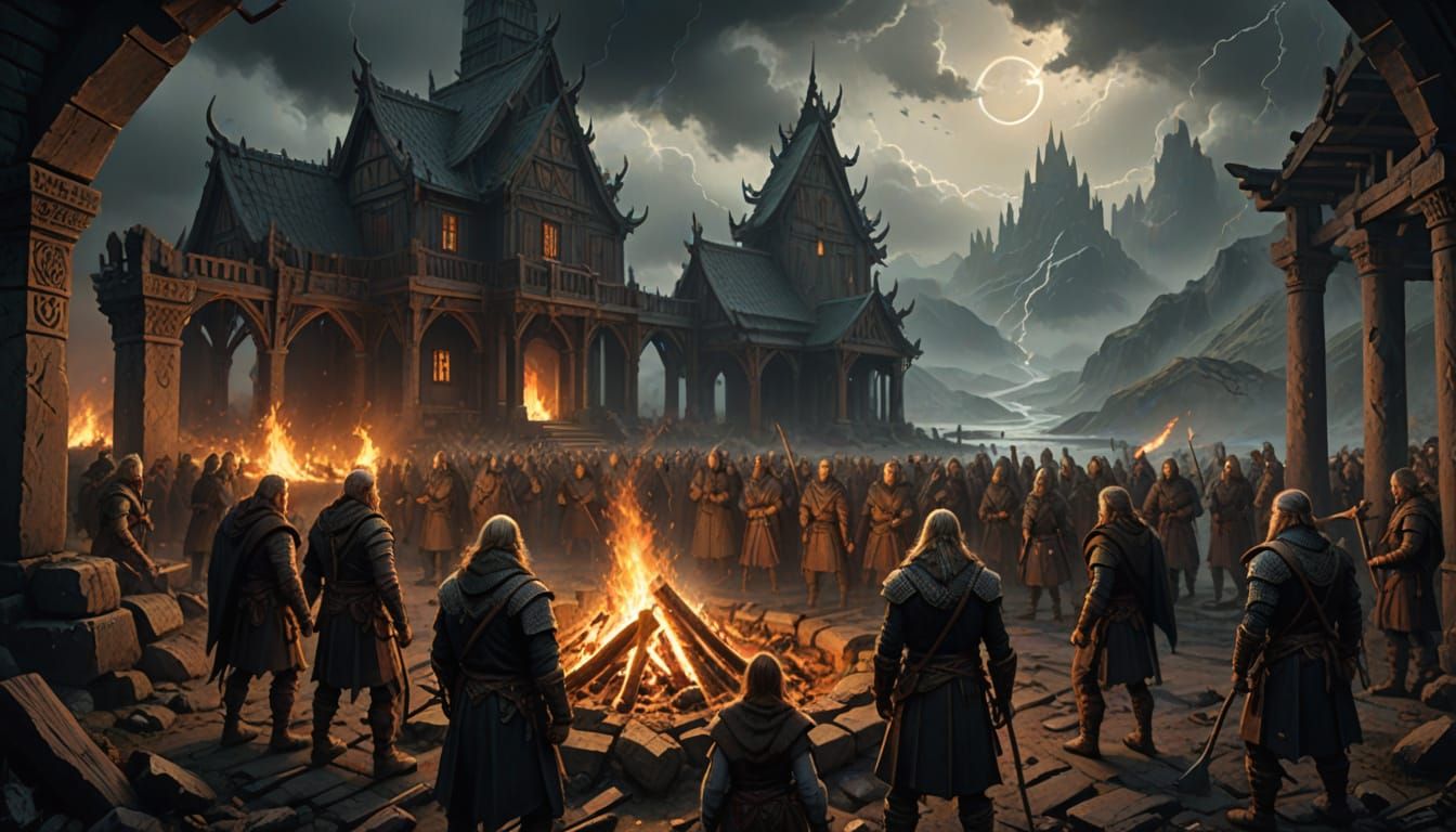 Nordic Warriors Gather by Fire Under Stormy Skies