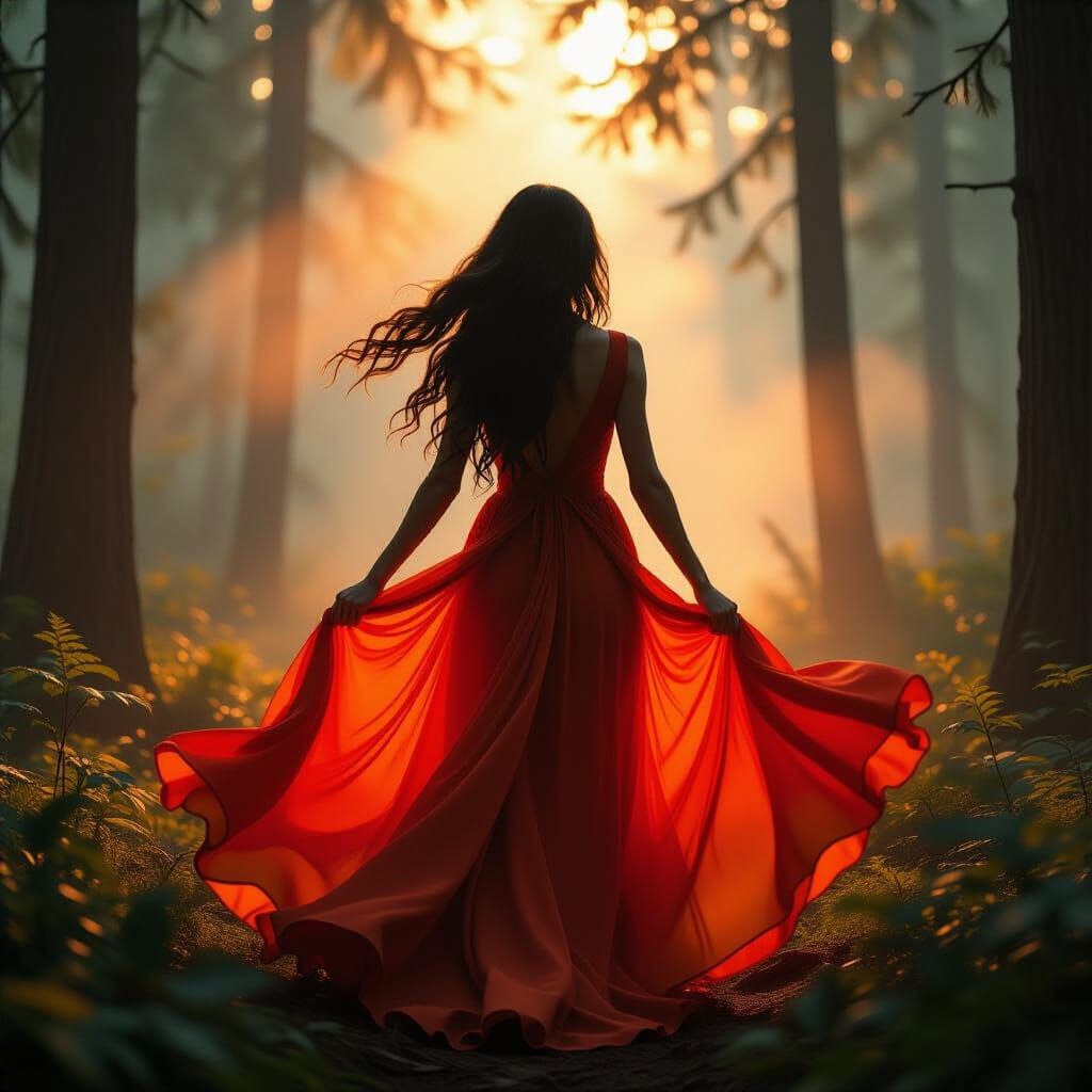 Woman in Red Dress in Mystical Forest
