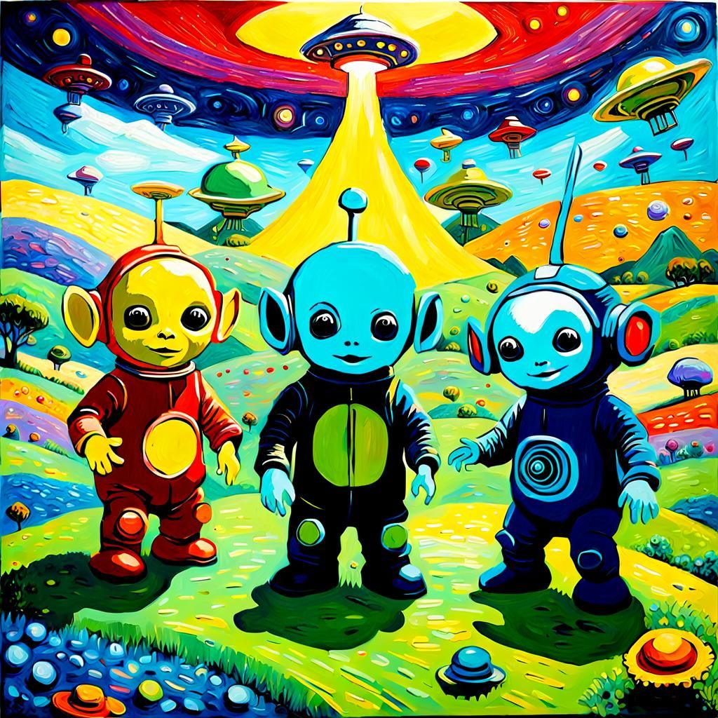Teletubbies Meet Aliens in Steampunk Neo-Impressionism
