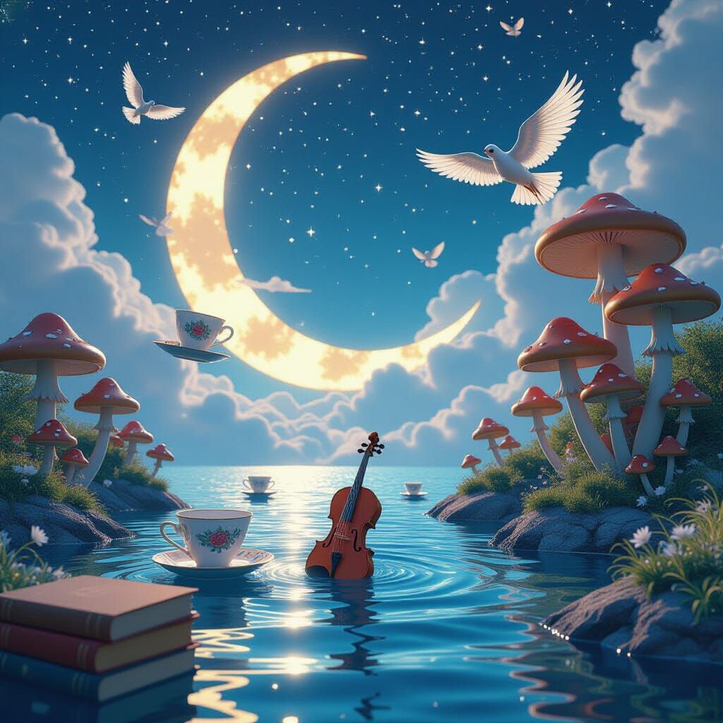 Surreal Dreamscape of Floating Teacups and Clockwork Moon