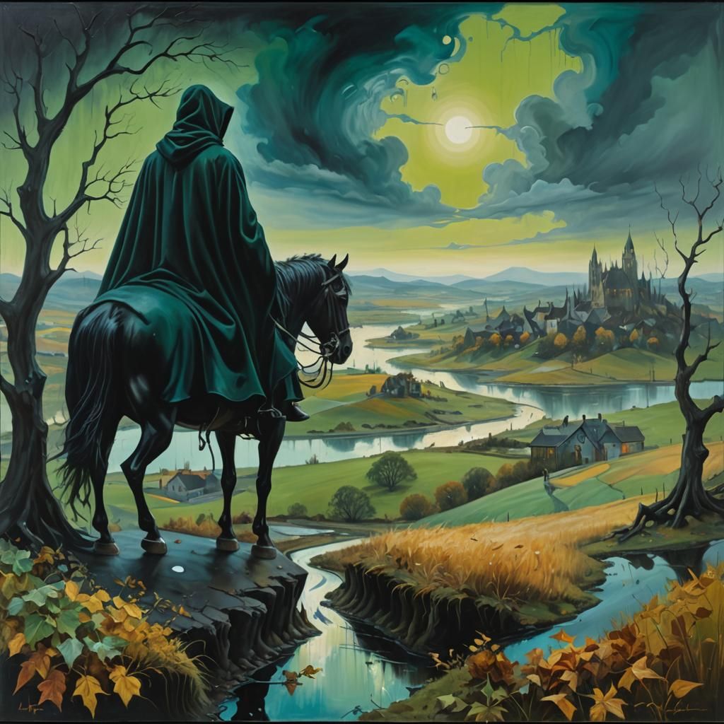 Surreal Rider in Marshland Village: Oil Painting