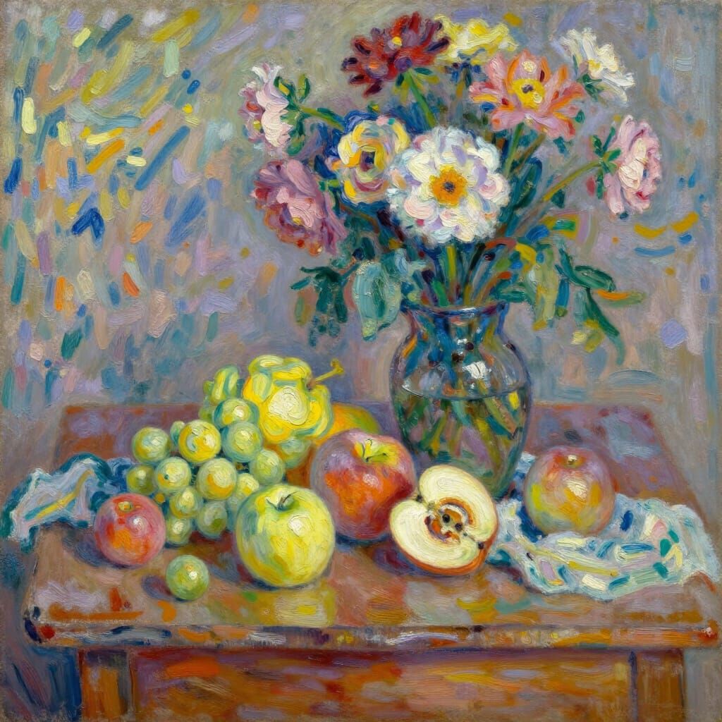 Vibrant Impressionist Still Life: Fruits and Flowers