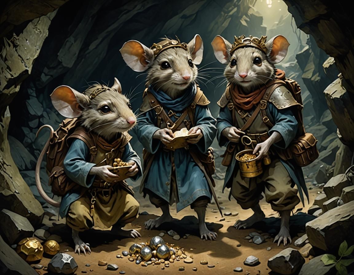Mouseling adventurers searching for treasure in the Mines of Madness
