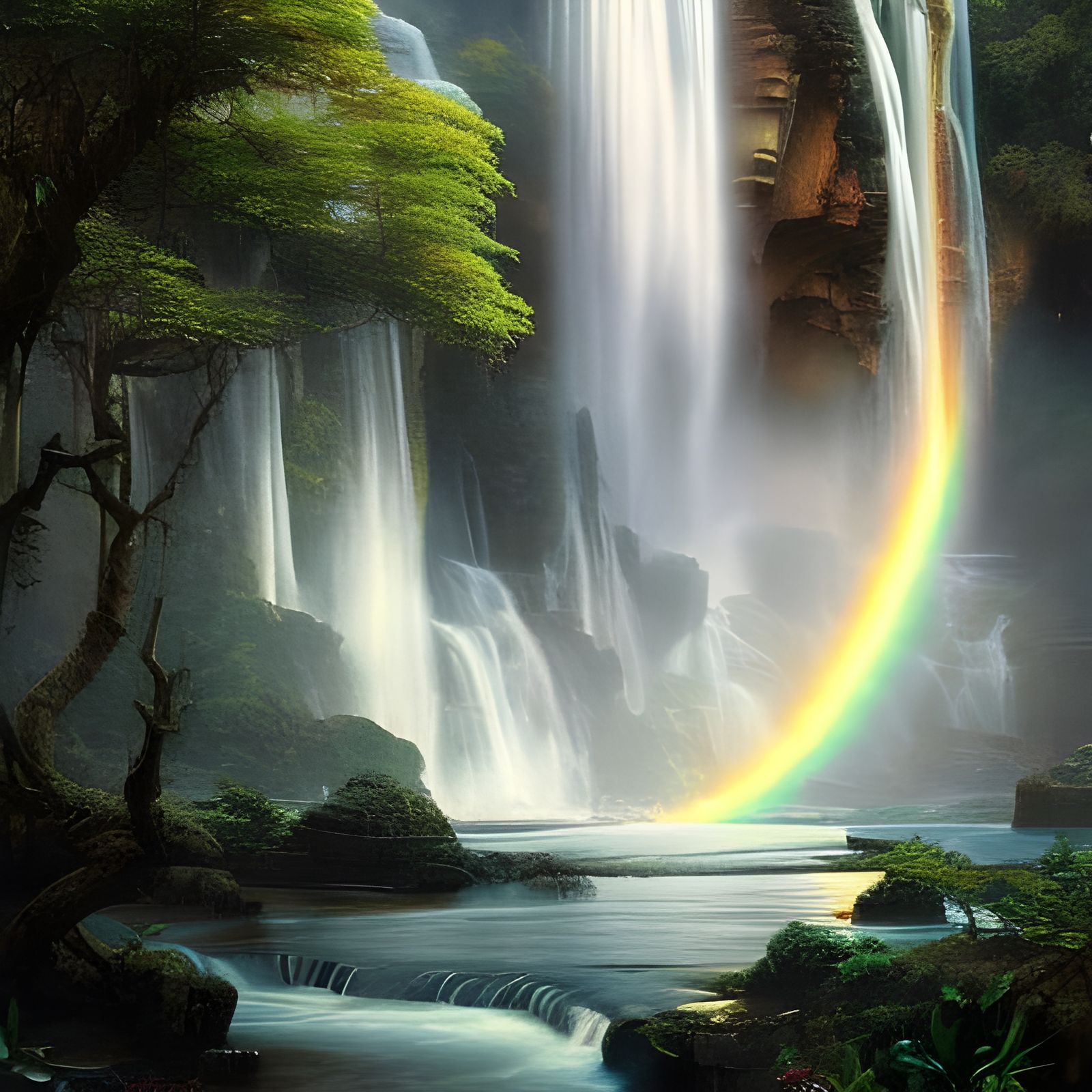 Sunlit Waterfalls: A Cinematic Oil Painting