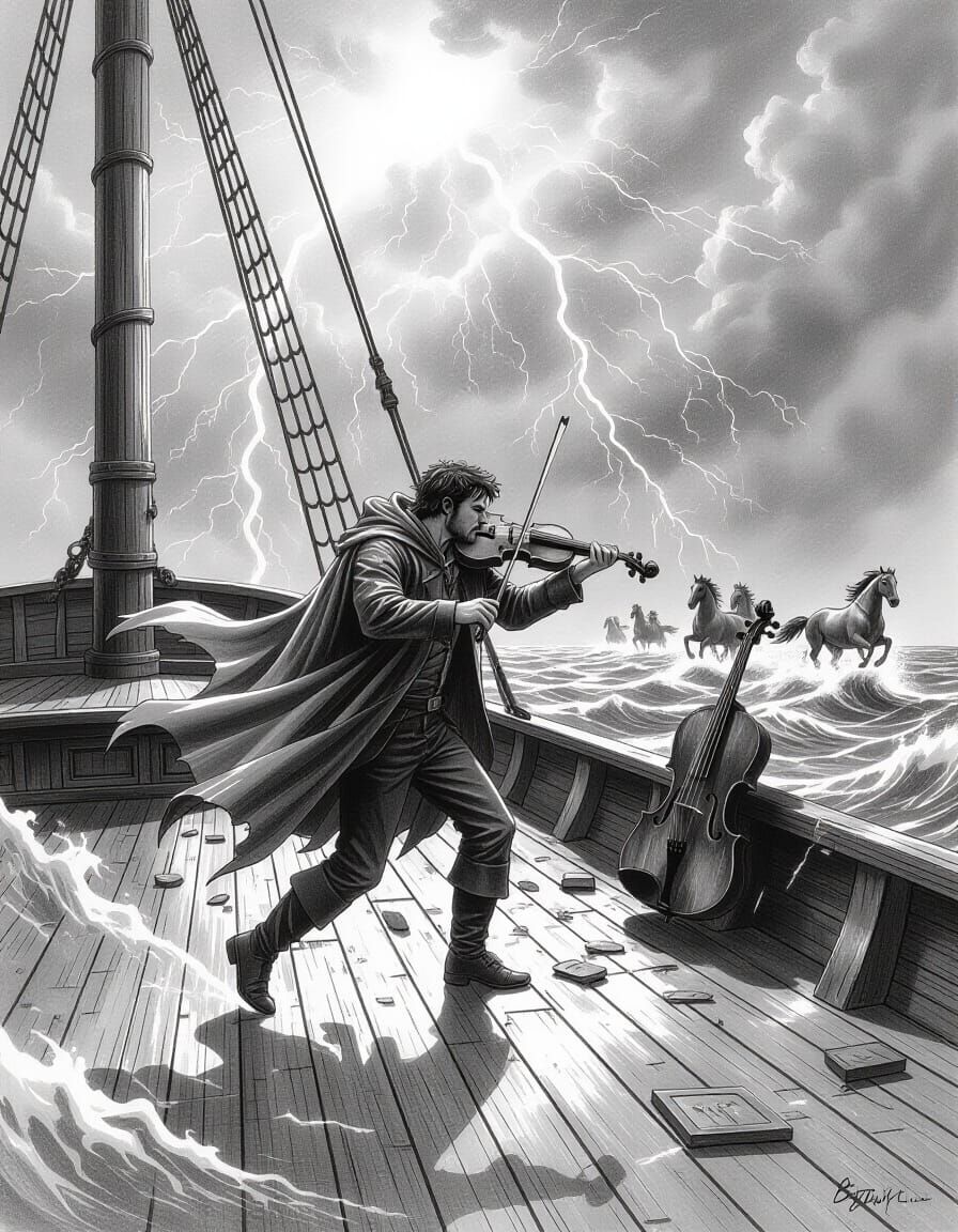 Man Flees Sinking Ship of Memories in Pencil Sketch Style