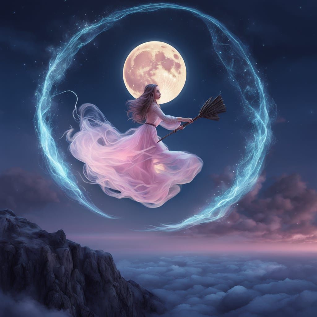 Enchanted Witch Suspended in Lunar Dreamscape