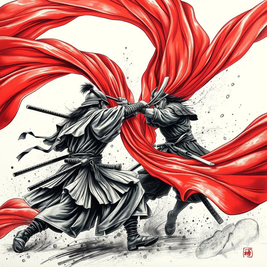 Samurai Battle on a Dynamic Red Ribbon Canvas