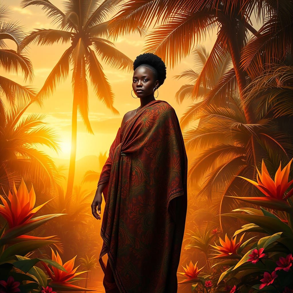 Vibrant African Goddess in Tropical Paradise