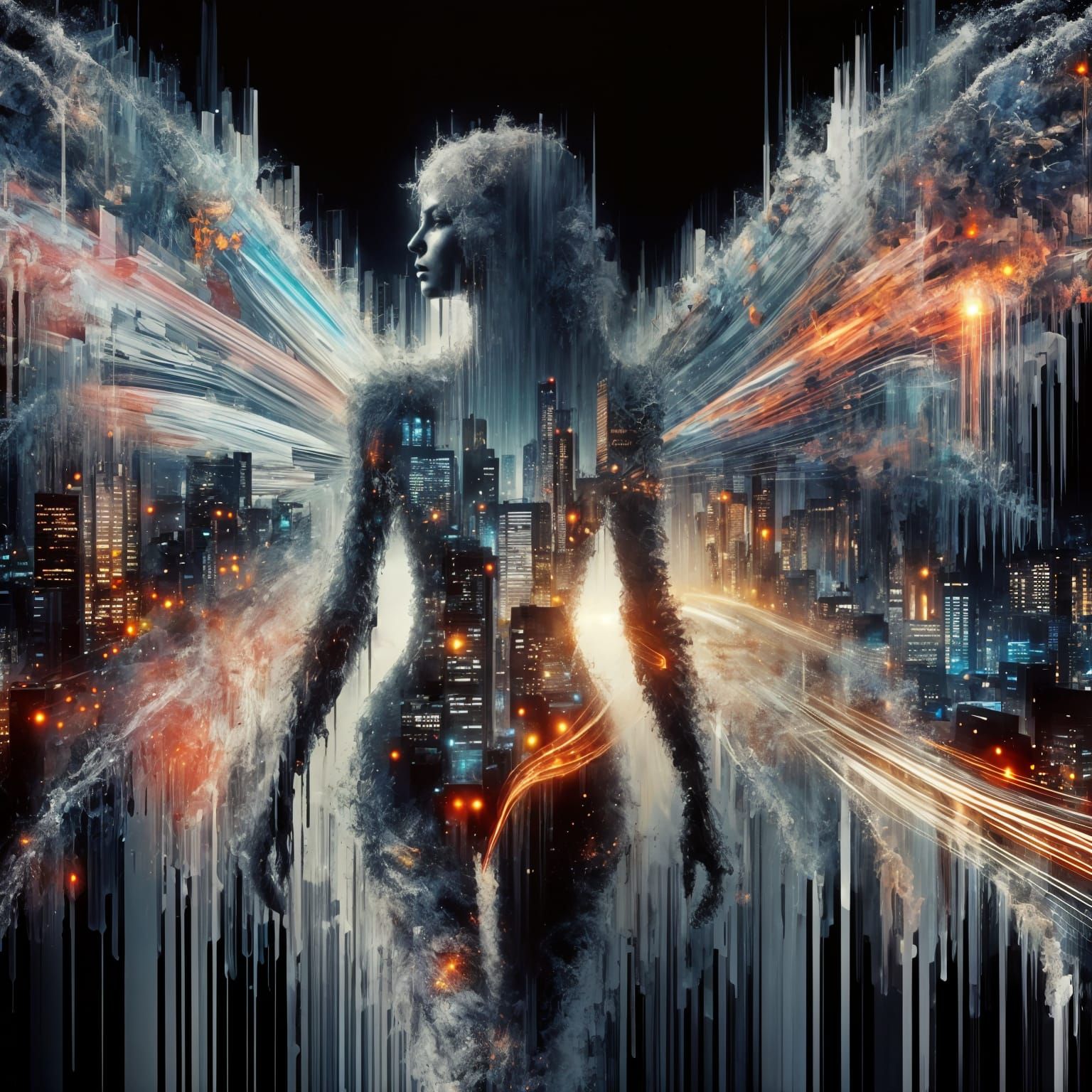 Surreal Fairy with Cyberpunk Metropolis, Acrylic Painting