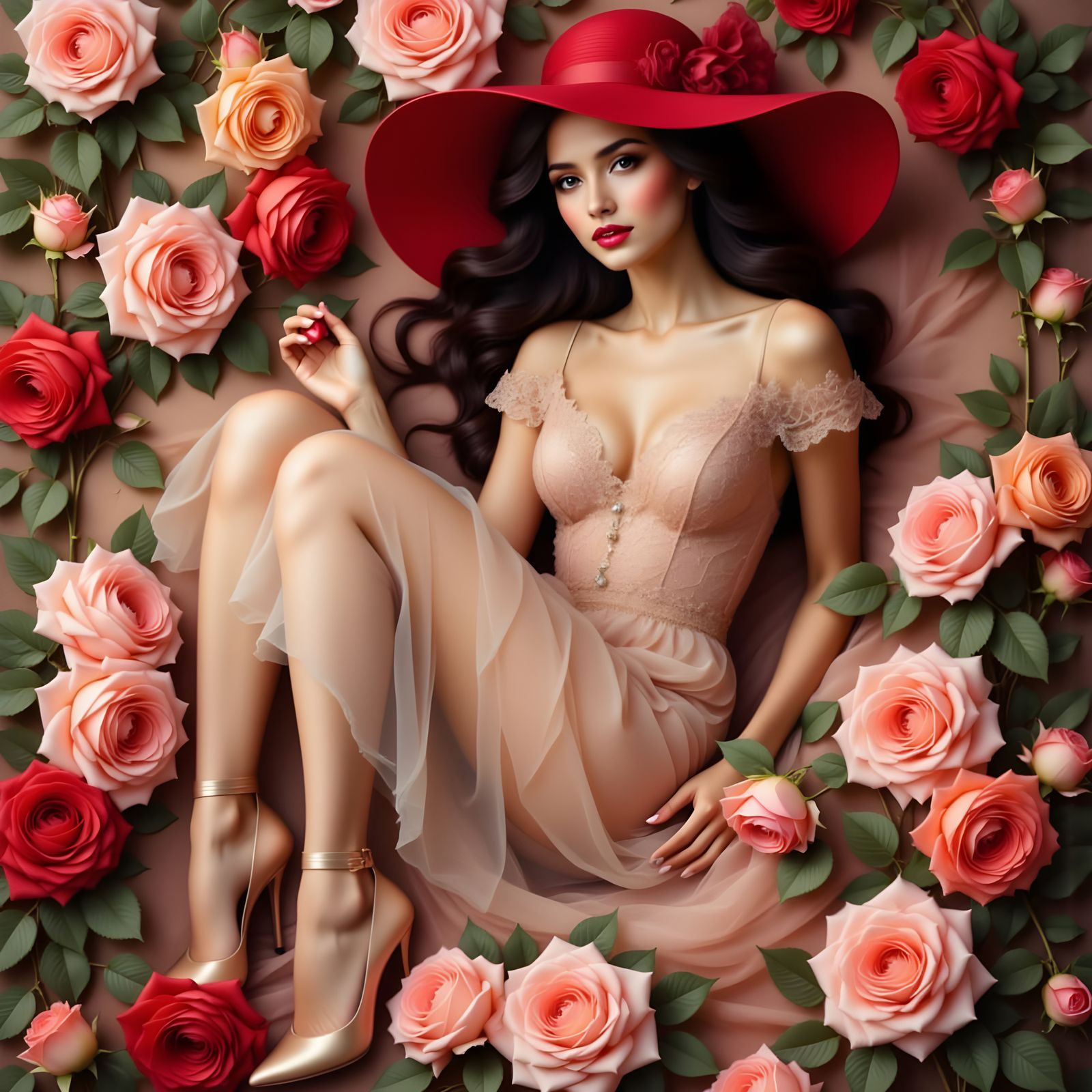 Ethereal Lady in Red Reclining Among Roses