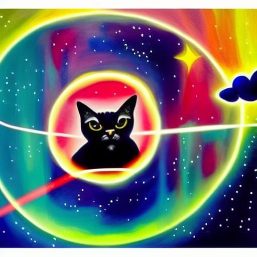Laser Cat Floats in Space: Neo-Impressionist Painting