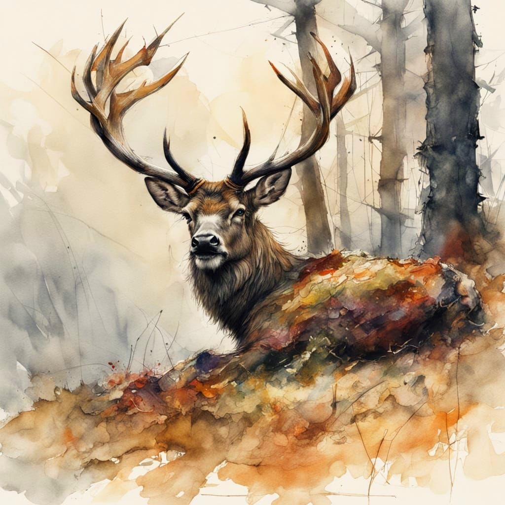 Whimsical Watercolor Stag in Slumber