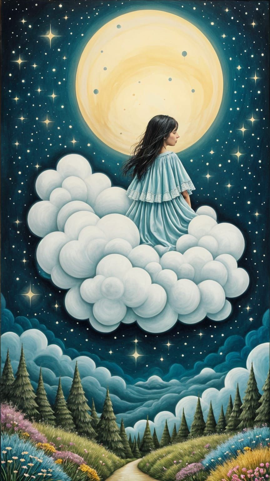 Dreamy Watercolor Cloudscape with Girl on Pale Horse