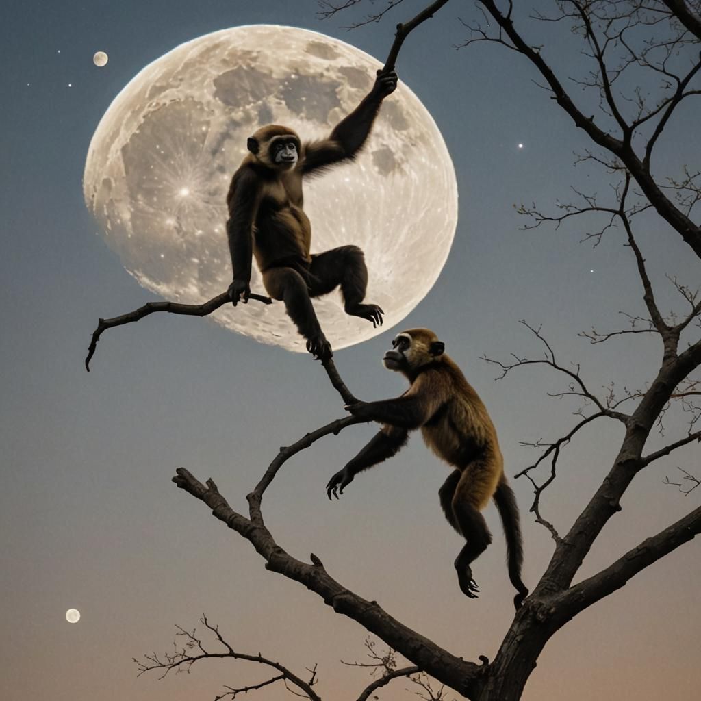 Gibbon apes try to climb up to the gibbous moon
