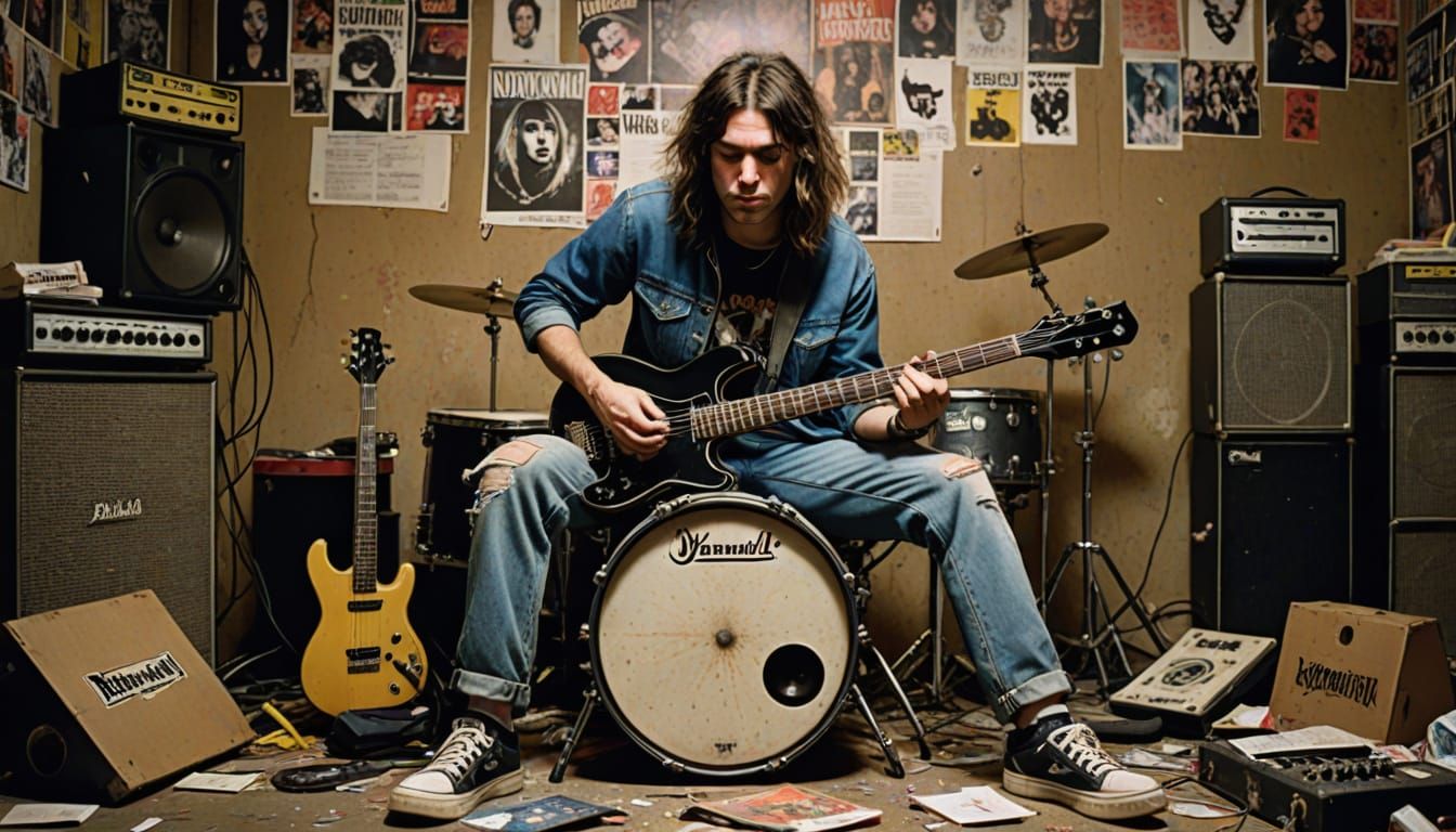 Gen X Cat Drummer in Grunge Garage