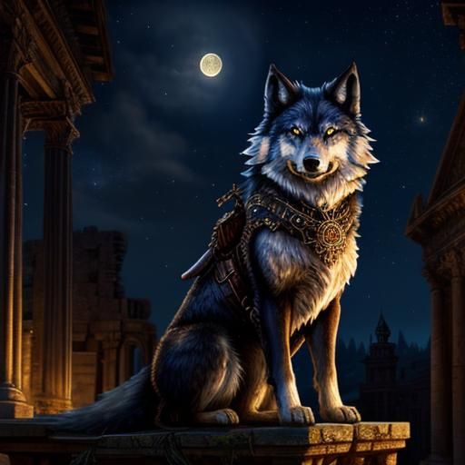 Steampunk Wolf Under Starry Roman Sky
