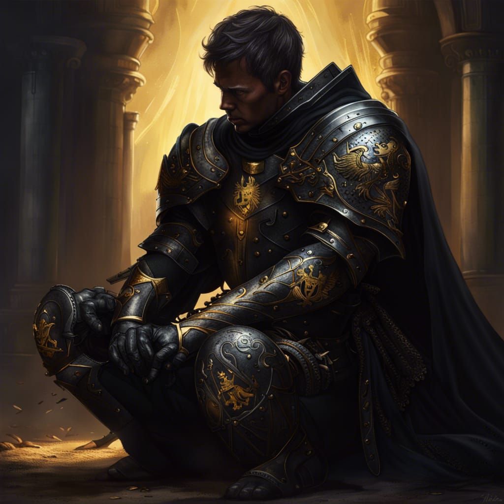 Epic Knight Kneeling on Battlefield: Hyperrealistic Portrait