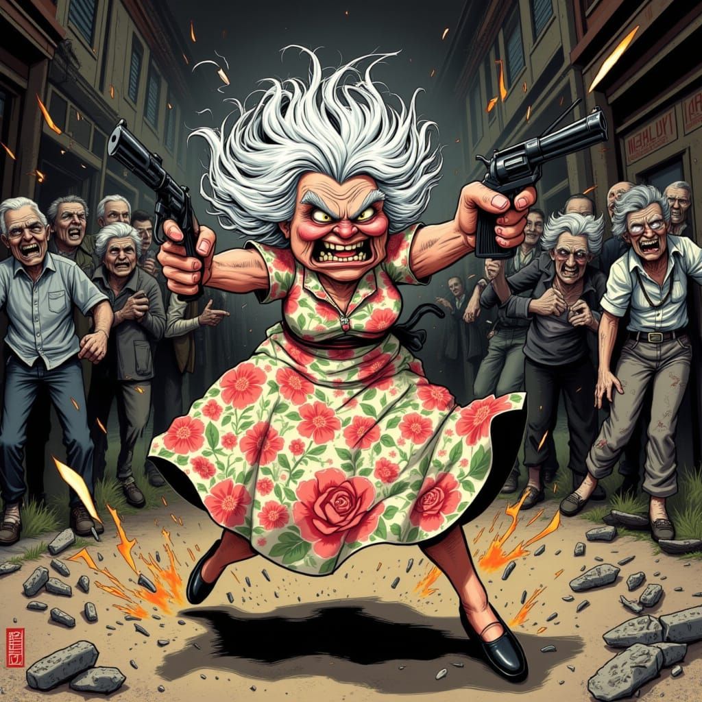 Grandma Battles Zombies in Comic Book Style