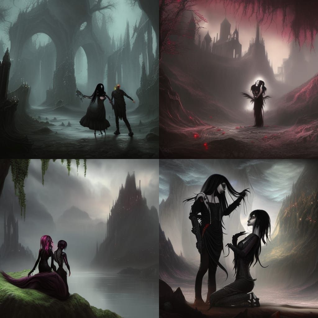 Goth and Emo Lovers in a Detailed Matte Painting