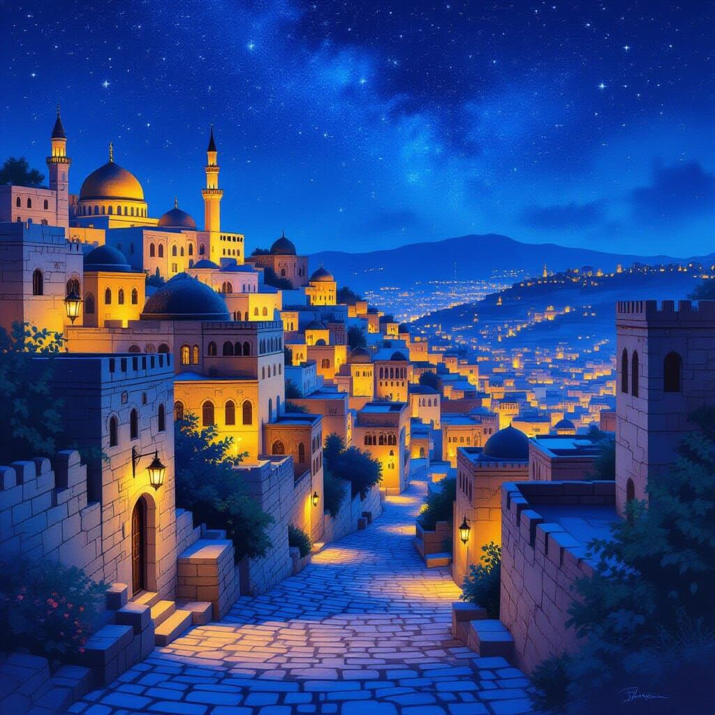 Middle Eastern City at Night in Magical Realism