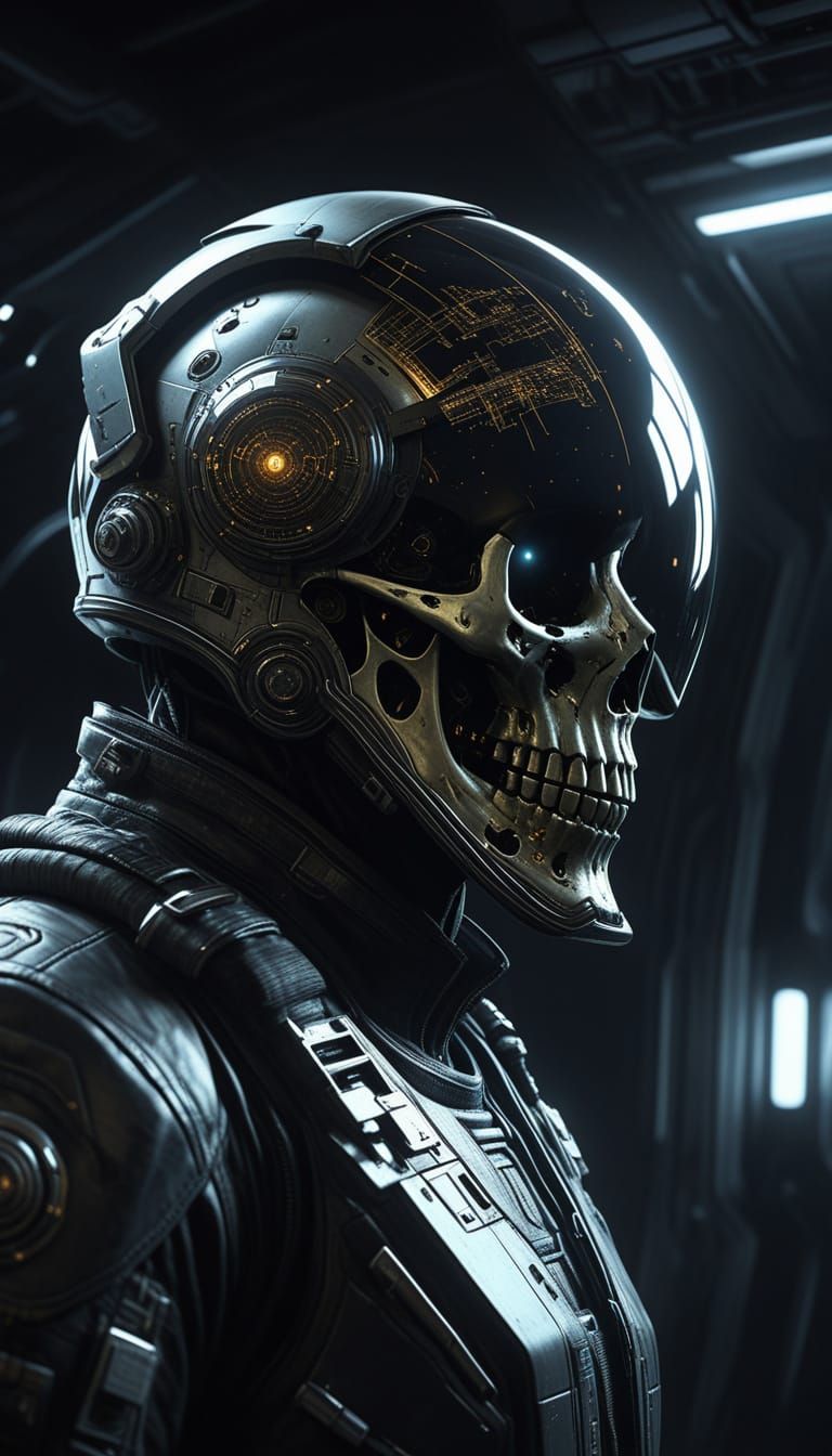 Handsome Pilot in Skull Helmet in Cosmic Void