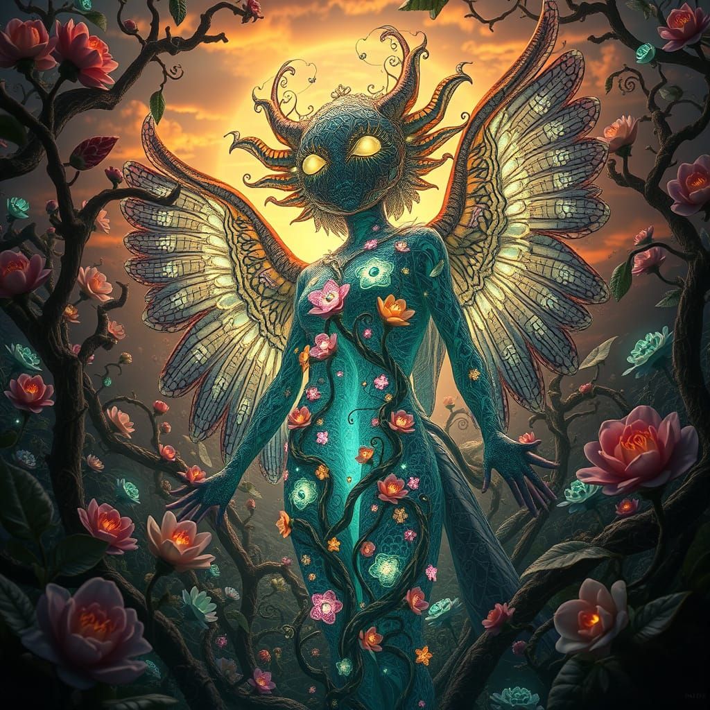 Dreamlike Fall of Angels in a Vibrant, Fantastical Landscape