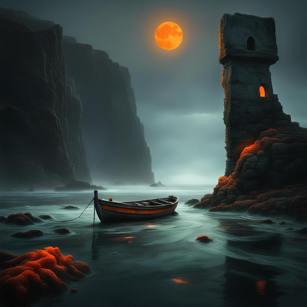 Eerie Oceanic Surrealism with Glowing Stone Arch