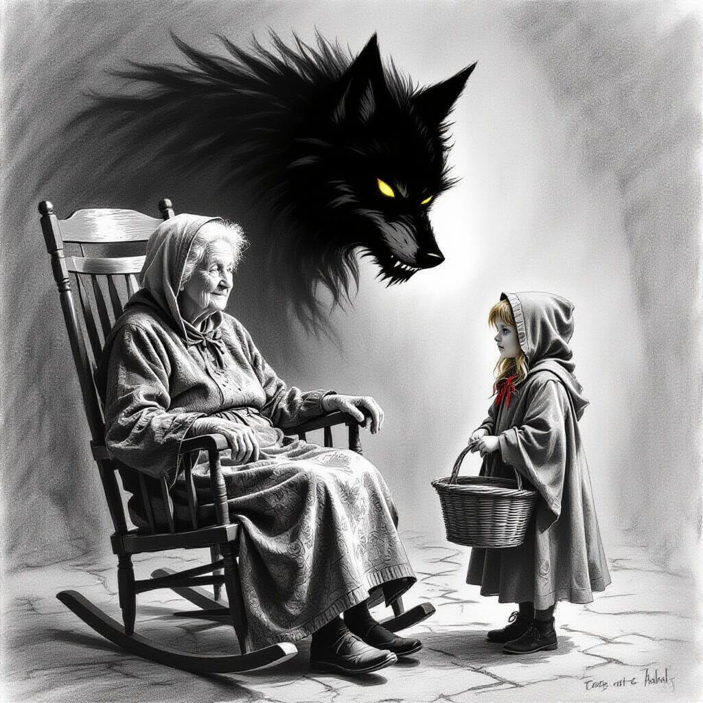 Charcoal Drawing: Red Riding Hood's Perilous Visit