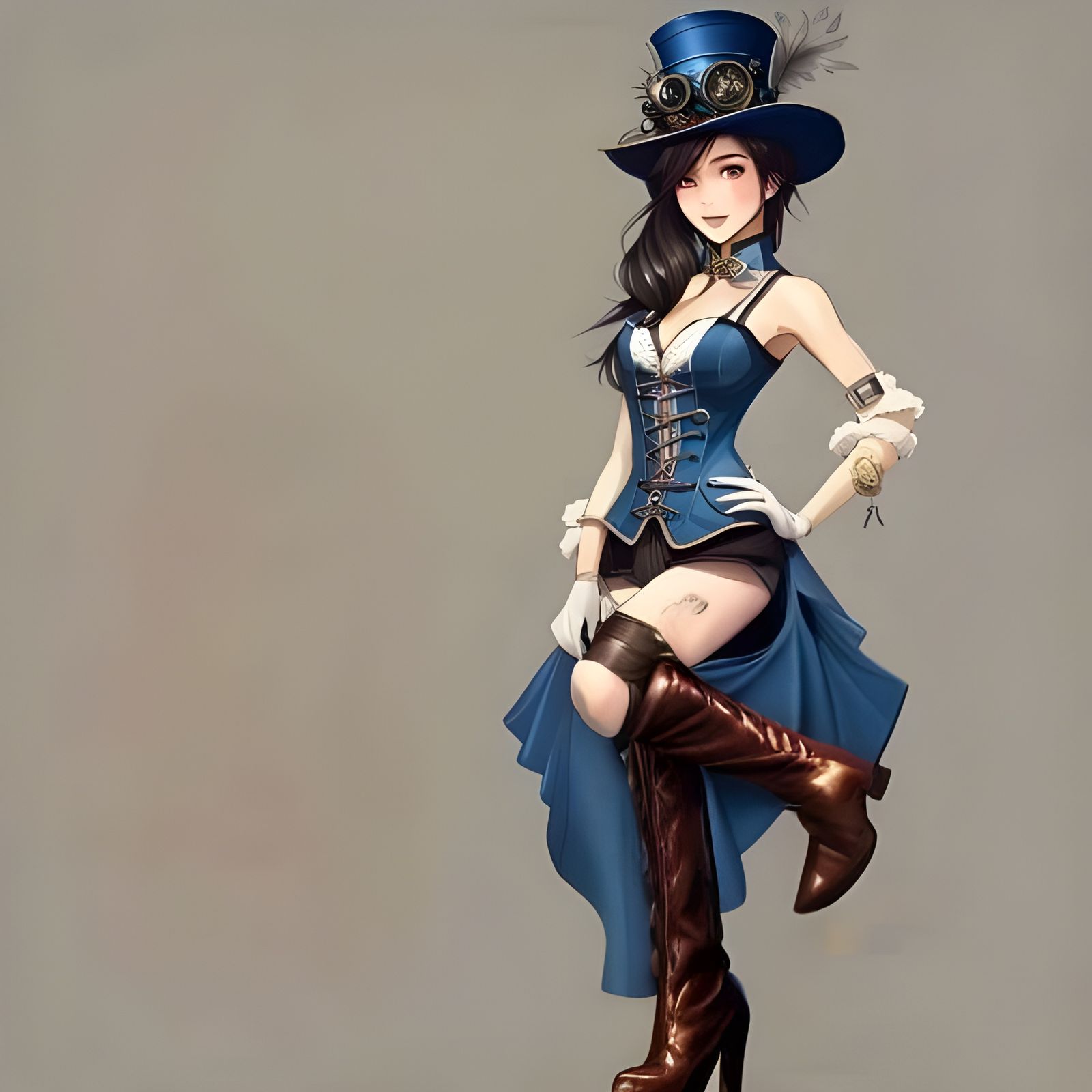 Steampunk Asian Woman in Blue Dress and High Heels