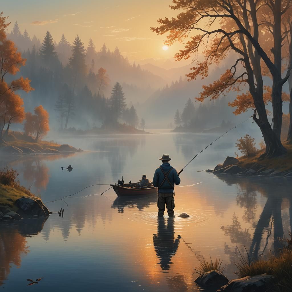 Man Fishing at Misty Sunrise in Golden Light