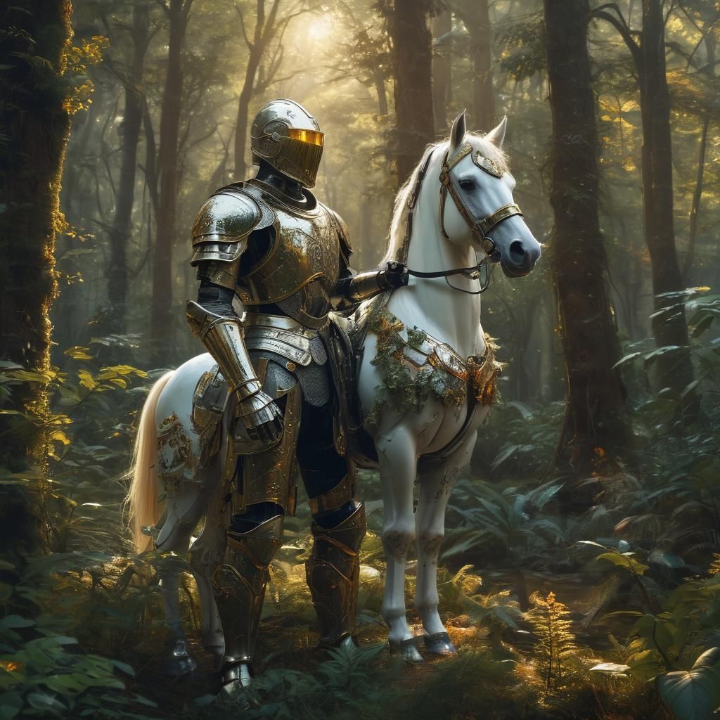Medieval Knight in Robotic Armor Surrounded by Bioluminescen...