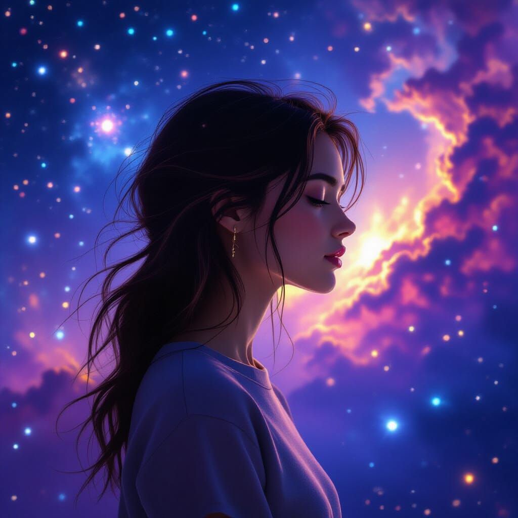 Contemplative Woman with Cosmic Silhouette