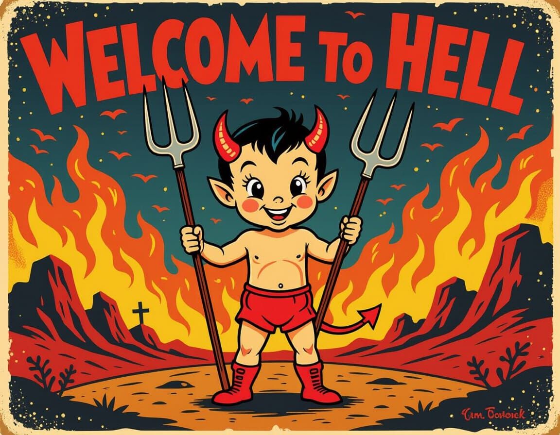 Hot Stuff the Devil in Fiery Hellscape: Vintage Postcard Sty...